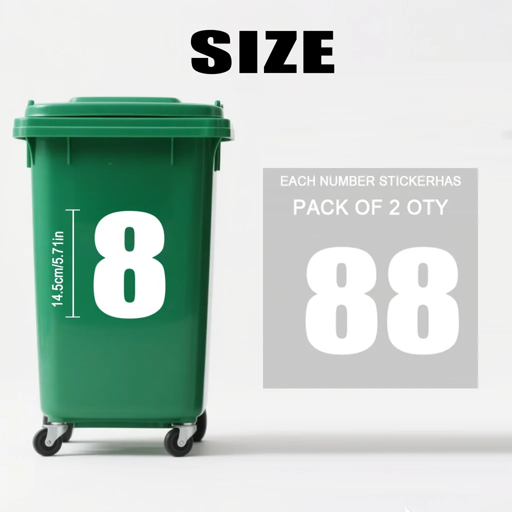 2pcs/sheet White Number Stickers Trash Can Labels Waterproof for Wheeled Dumpsters Large Trash Cans Car Bins Garage Organization