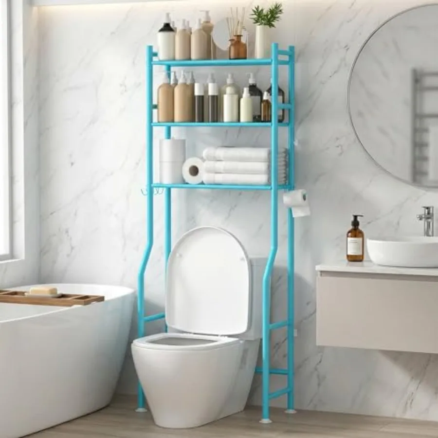 

3-Tier Over Toilet Storage with Anti-Tilt Safety System - 150lb Capacity Blue Metal Bathroom Shelves with Paper Holder and 4 Ho