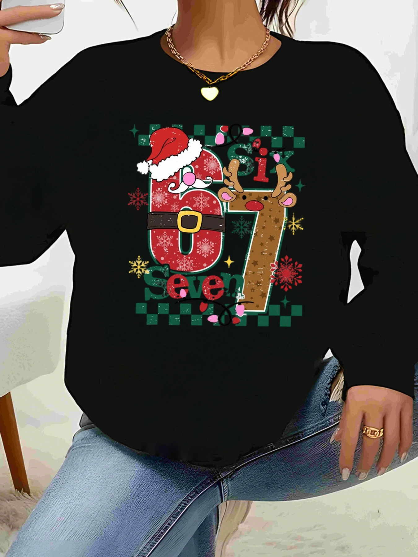 عيد الميلاد الرنة سانتا قبعة 67 طباعة طويلة الأكمام أعلى عطلة حزب المرأة عارضة ارتداء