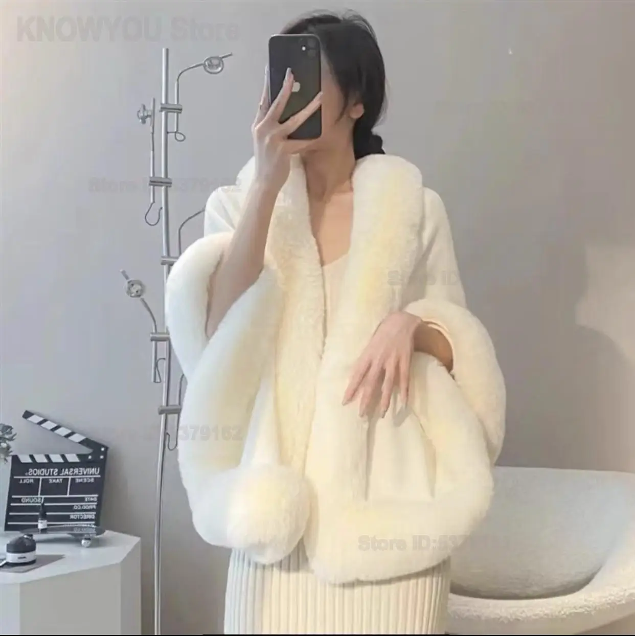 All Winter New Women Long Oversized Knit Cape Faux Rabbit Fur Collar Heavy Warm Poncho Shawl Elegant Party Outerwear