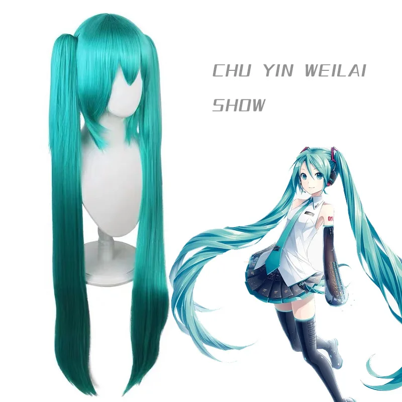 Włosy Miku peruka do Cosplay długie odporne na ciepło syntetyczne klipsy do włosów kucyki peruki + czapka z peruką