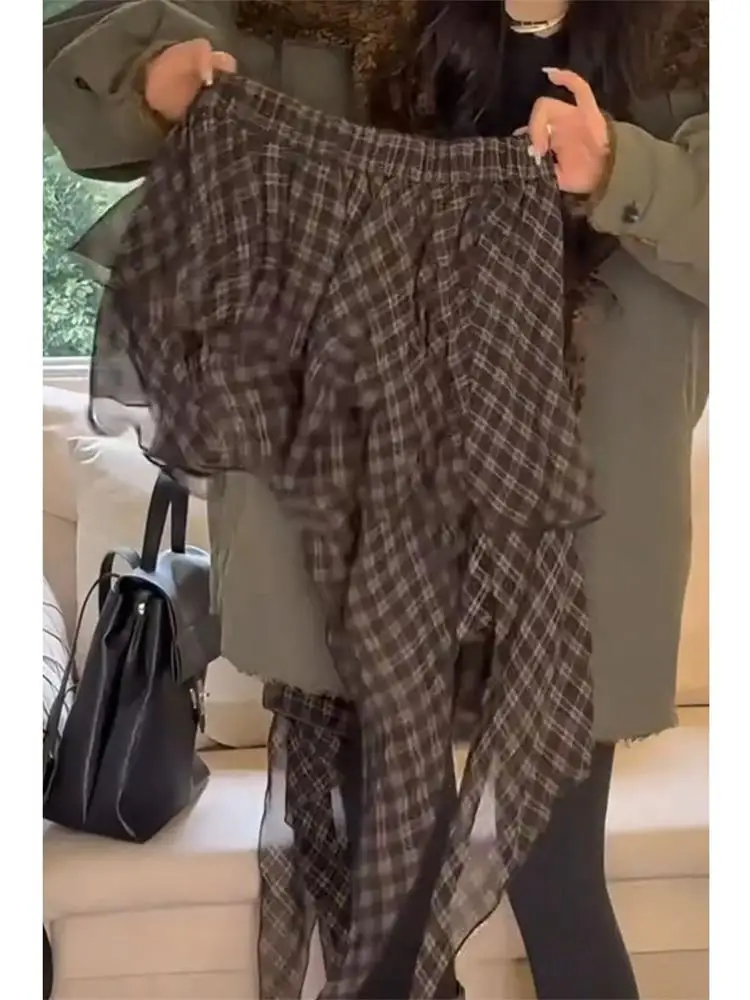 Color Blo Plaid Me Asymmetrical ort Skirt Women's Spring Autumn Vintage Elastic Waist Slimming f Body Skirt