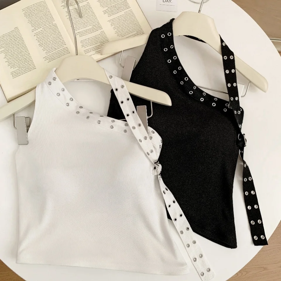 Summer New Sexy Diagonal Shoulder Rivet Splicing Halter Vest Slimming Integrated with Chest Pad Women's Cotton Blend Tank Top