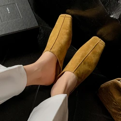 2025 New Genuine Kid Suede Low Heels Slippers Women Covered Toe Natural Leather Casual Slippers Female Daily Walk Slippers