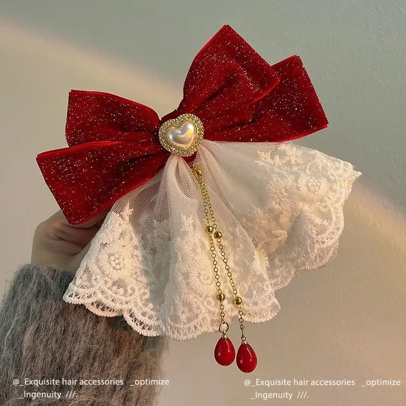 New Velour Grace Bow Hairpin Crystal Fringe Tassel Hair Clip Women Ponytail Rhinestone Beading Hair Acccessories Gifts Heawear