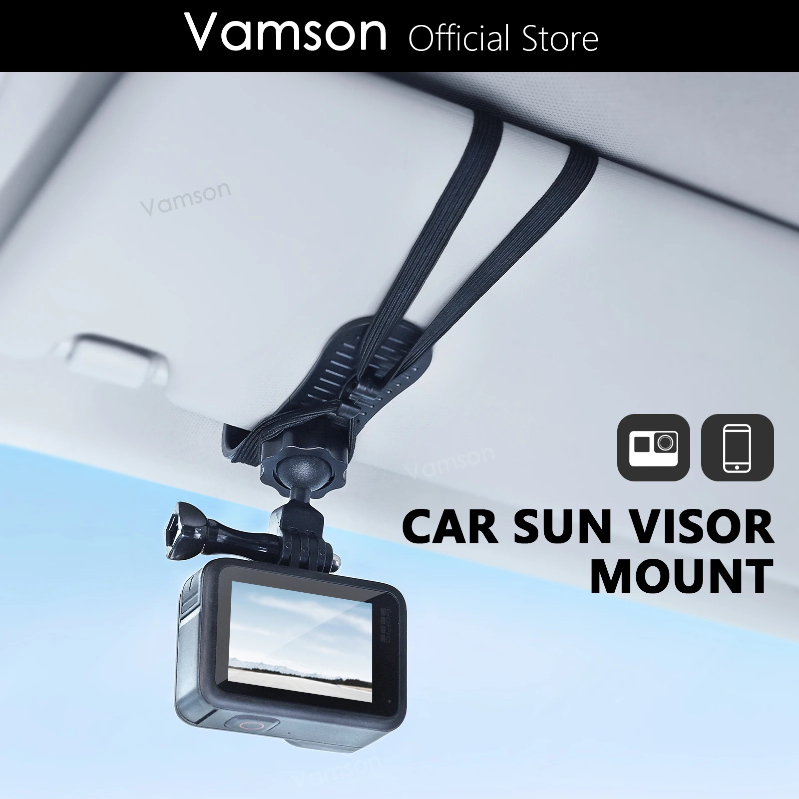 Vamson Car Sun Visor Camera Mount with Phone Clip for Cell Phone for GoPro Hero 12 11 10 9 8 for Insta360 X3 One X2 Accessories