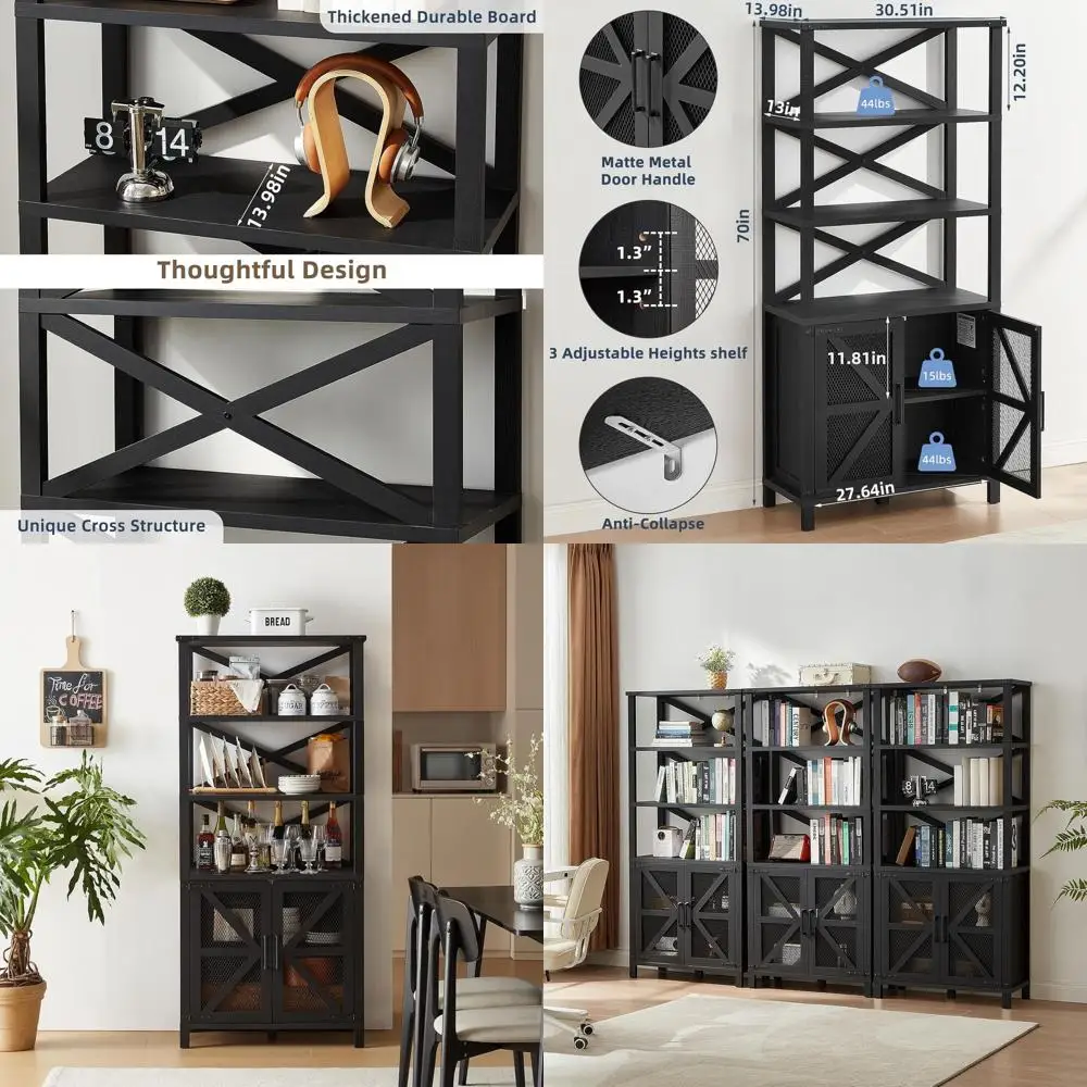 

70 Tall 5-Tier Bookcase with Adjustable Shelves and Storage Cabinet, Antique Black for Living Room, Kitchen