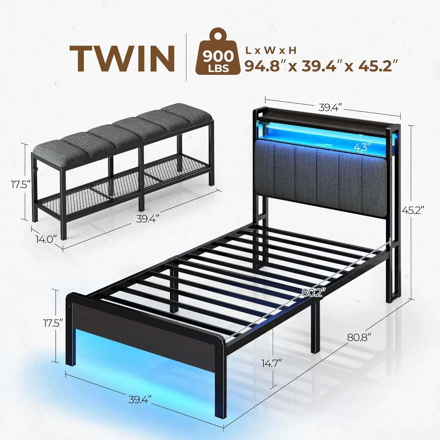 Rangka tempat tidur ganda dengan stasiun pengisian & lampu LED, papan tempat tidur berlapis kain dengan rak penyimpanan, bilah logam tugas berat,