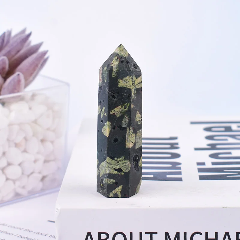 1pc Natürliche Grüne Feuerwerk Stein Poliert Kristall Punkt Healing Sechseckigen Obelisk Turm Kristall Ornamente Für Home Dekoration