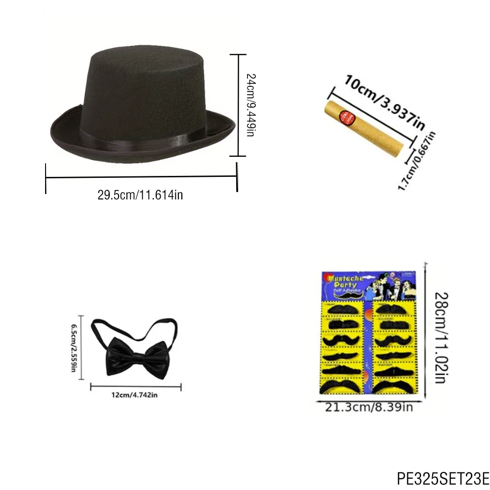 PESENAR Vintage Herren Dress Up Set Schwarz Zylinder Fliege Zigarre Prop Gefälschte Bärte Gentleman Thema Party Kostüm