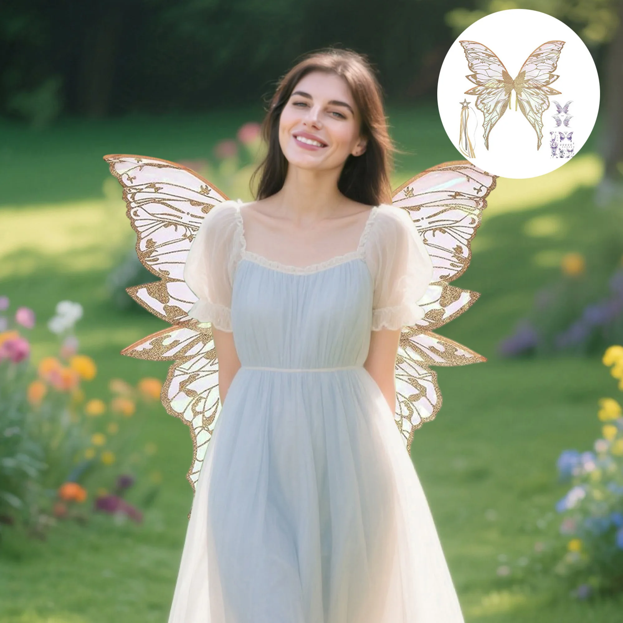 여아용 요정 공주 코스튬 세트, 반짝이는 나비 날개, 마법 지팡이, 왕관 포함 할로윈 드레스업 키트 (어린이용)