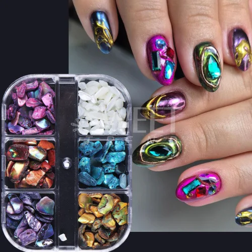 6 Grids Abalone Shell Flakes Nail Art Decoration 3D Charms Irregular Seashell Fragment Aurora Slices DIY Manicure Accessories