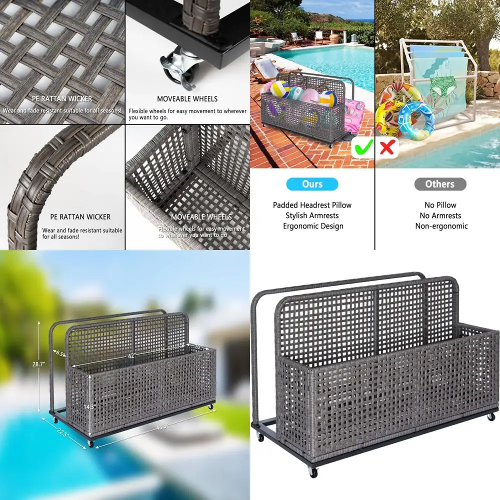 

Rolling PE Rattan Pool Float Storage Caddy with Wheels for Outdoor Patio and Beach Use