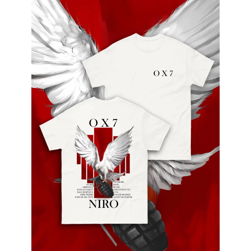 ​ ​ ​ ​ T-shirt ufficiale da uomo genuina OX7 Street Slogan Stampa Peace Dove Granata Contrasto T-shirt in cotone vintage Urban Streetwear Edgy