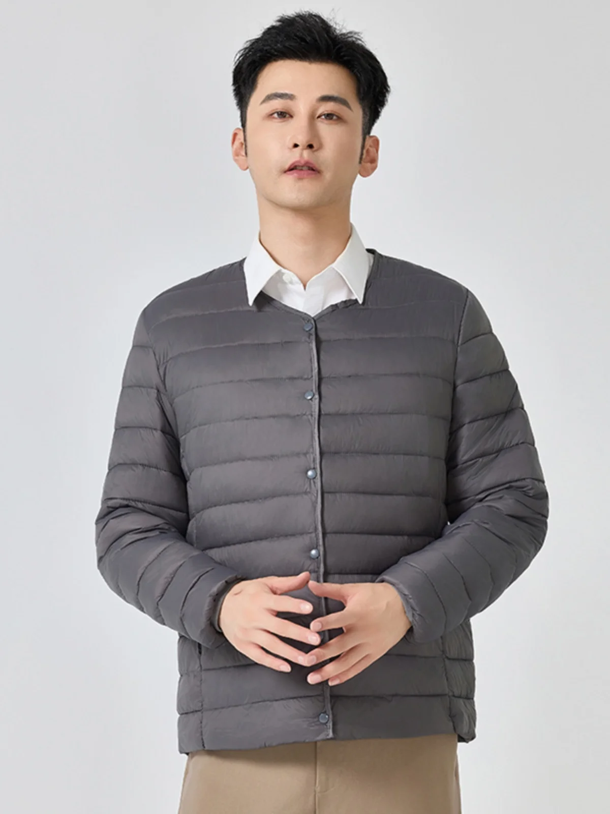 سترة رجالية خفيفة الوزن من القطن بياقة على شكل V أو مستديرة، معطف شتوي رقيق دافئ من الألياف البوليستر الداخلية، أسلوب حضري عص... #3