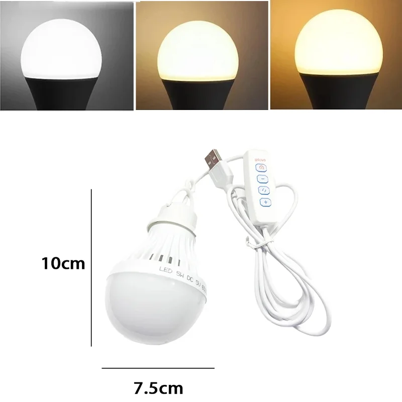 3-color Dimmable Hanging DC5V Led Camping Light 5W USB Emergency Bulb  Tent Light Barbecue Fishing Repair Outdoor Equipment