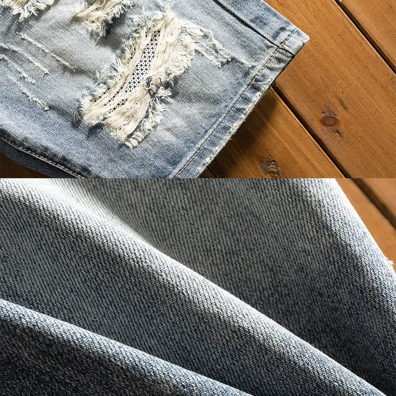 Trendy Brand Beggar Denim Boys Summer Thin Ripped Patch Printed Medium Pants Korean Outerwear Cowboy Shorts Man Short Half Pants