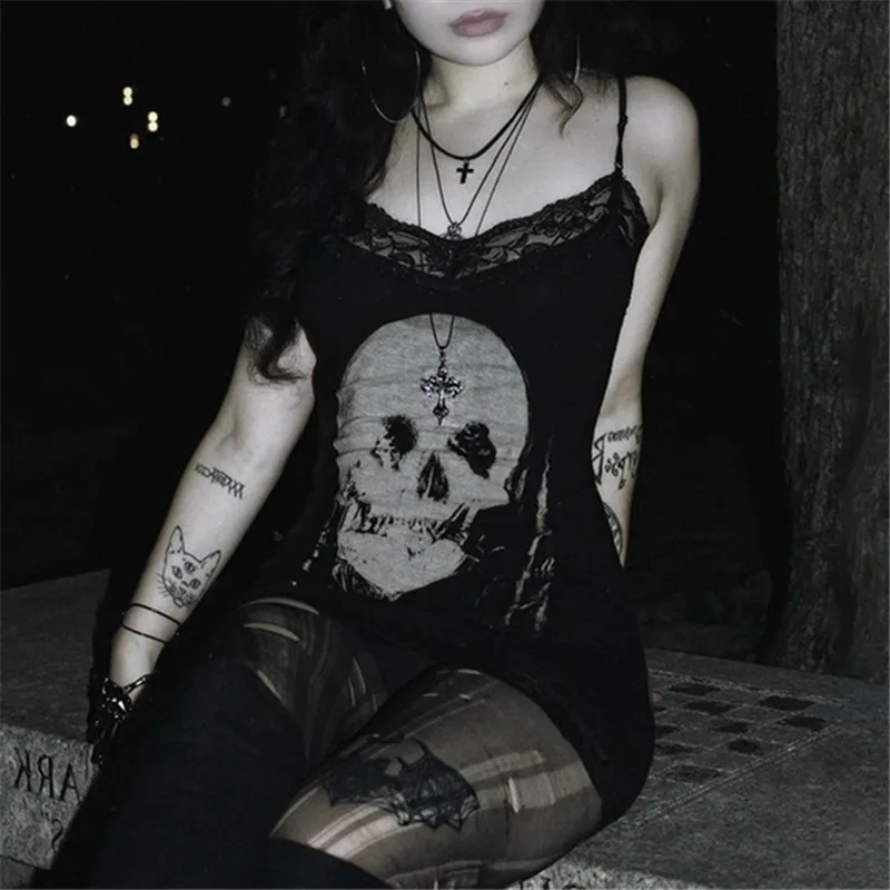 Goth Dark Streetwear Anime Skull Print Straps Mini Dress Fairy Lace Stitch Club Outfits Slim Sexy Bodycon Dresses Mall Gothic