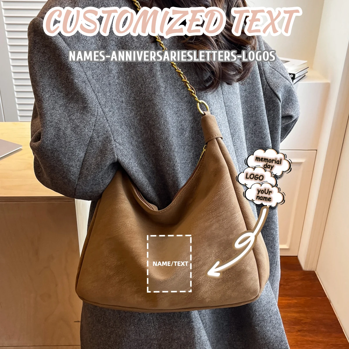 

Logo High-End Custom Retro Suede Tote Bag for Women Large Capacity Commuter Korean Shoulder Bag Fashion Hobo Bag DIY