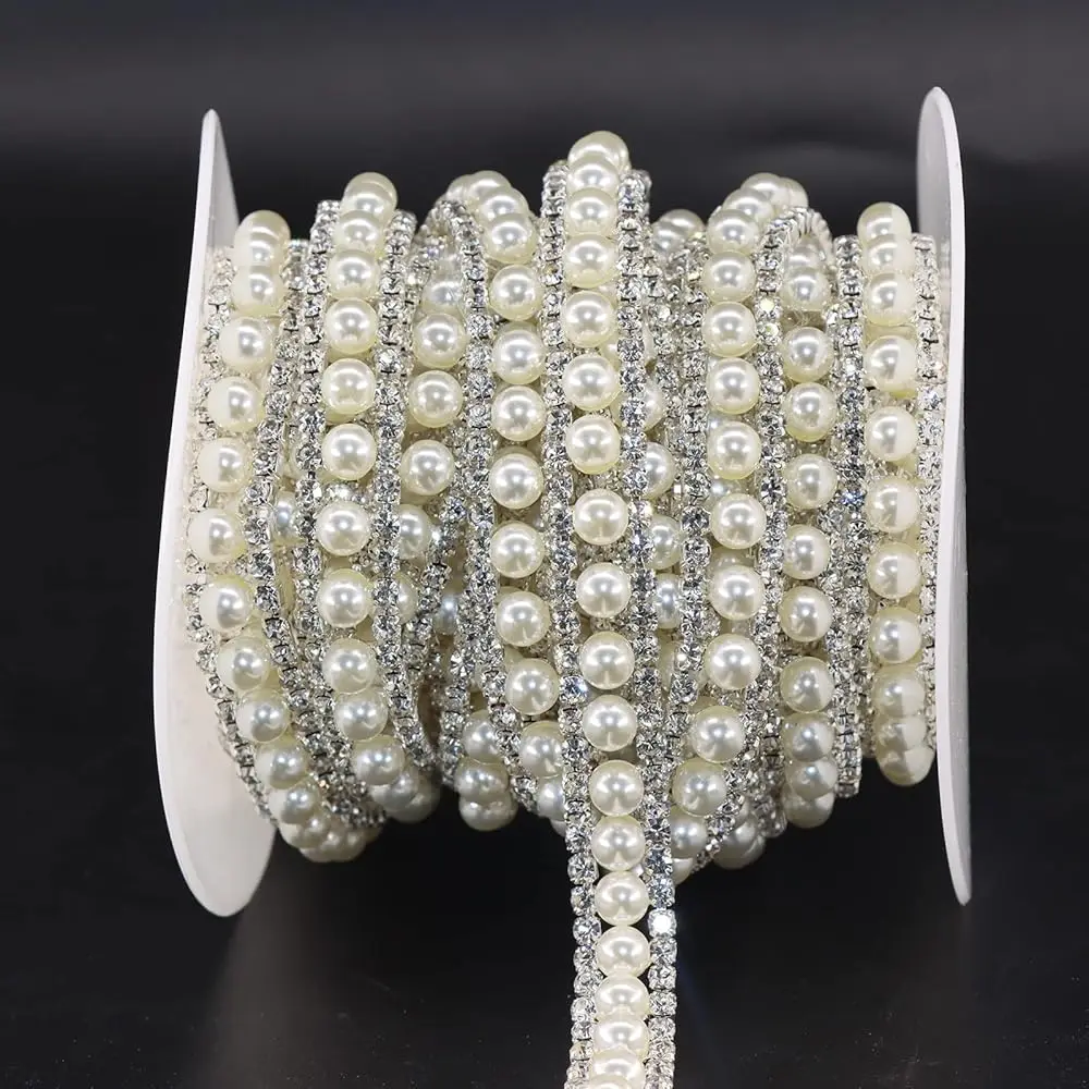 

Rhinestone Trim Applique 2 Yards 2 Rows Crystal Chain Banding Diamond Inlaid White Pearl Beaded Rhinestones for Crafts Cloth