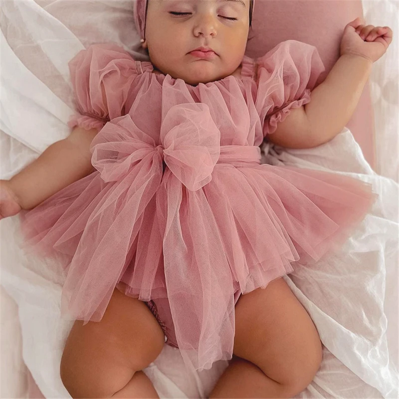 0-24M Infant Baby Girl Romper Dress Solid Color Short Sleeve Front Bowknot Tulle Jumpsuit Headband Baby Girl Summer Clothes