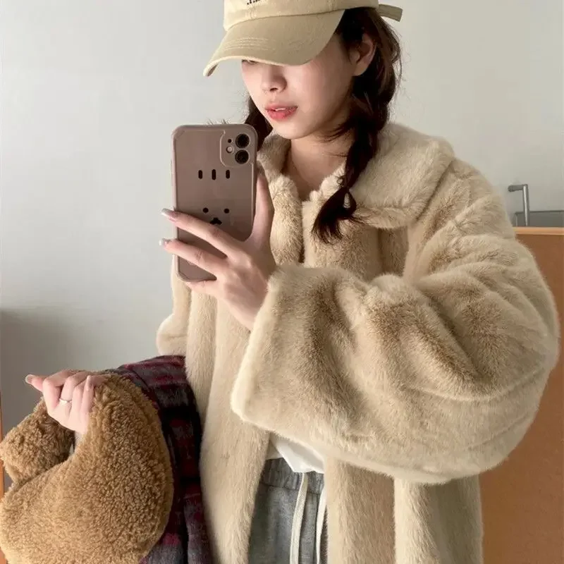 Y2k Zimní teplé klopové kožichy s ochranou životního prostředí pro ženy Korejská móda Volné ležérní dámské béžové bundy Nové - náhled 3