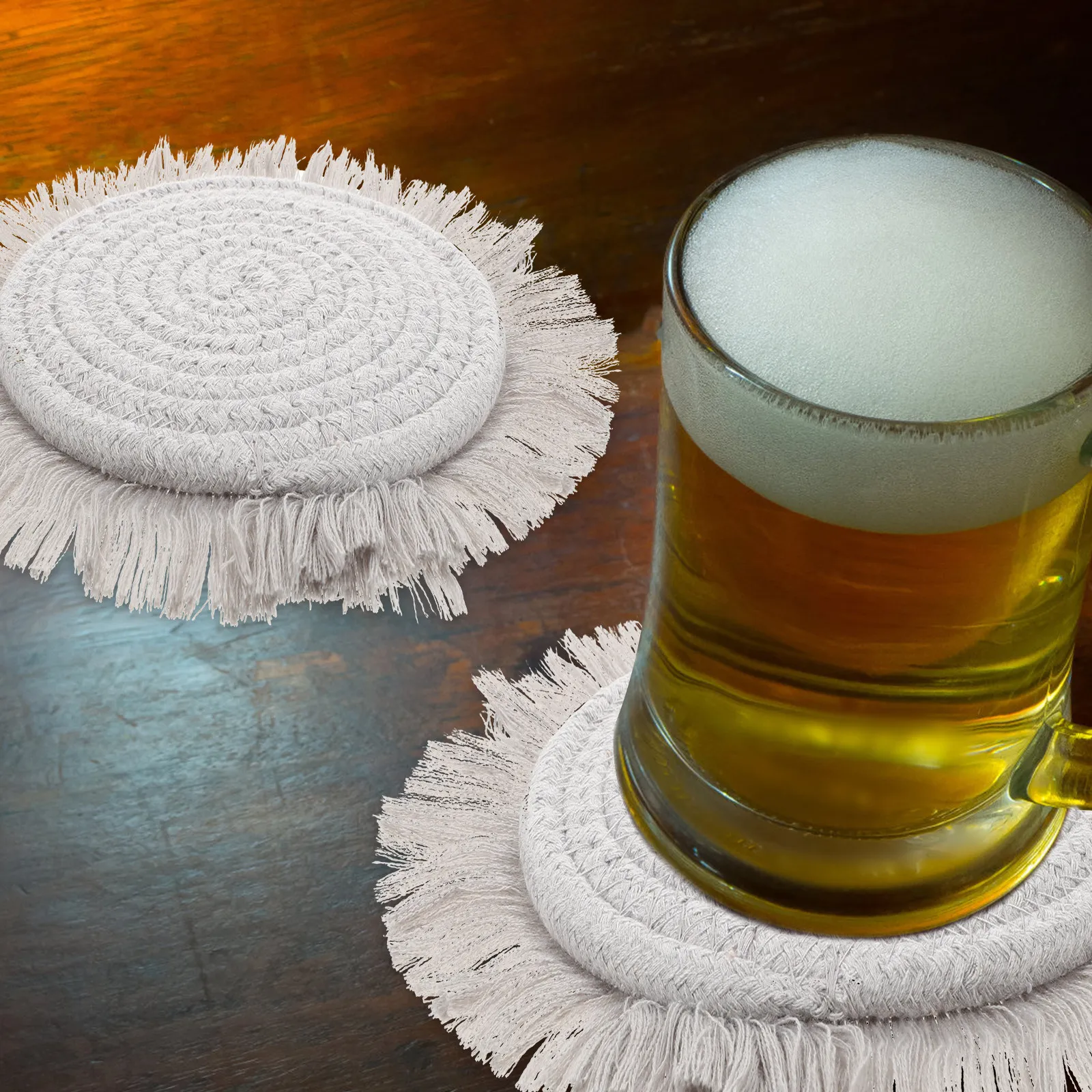 2Pcs Woven Cotton Coaster Set Round Tassel Placemat Heat Resistant Tableware Mat for Drinks Fruit Plants Desk Kitchen Decor