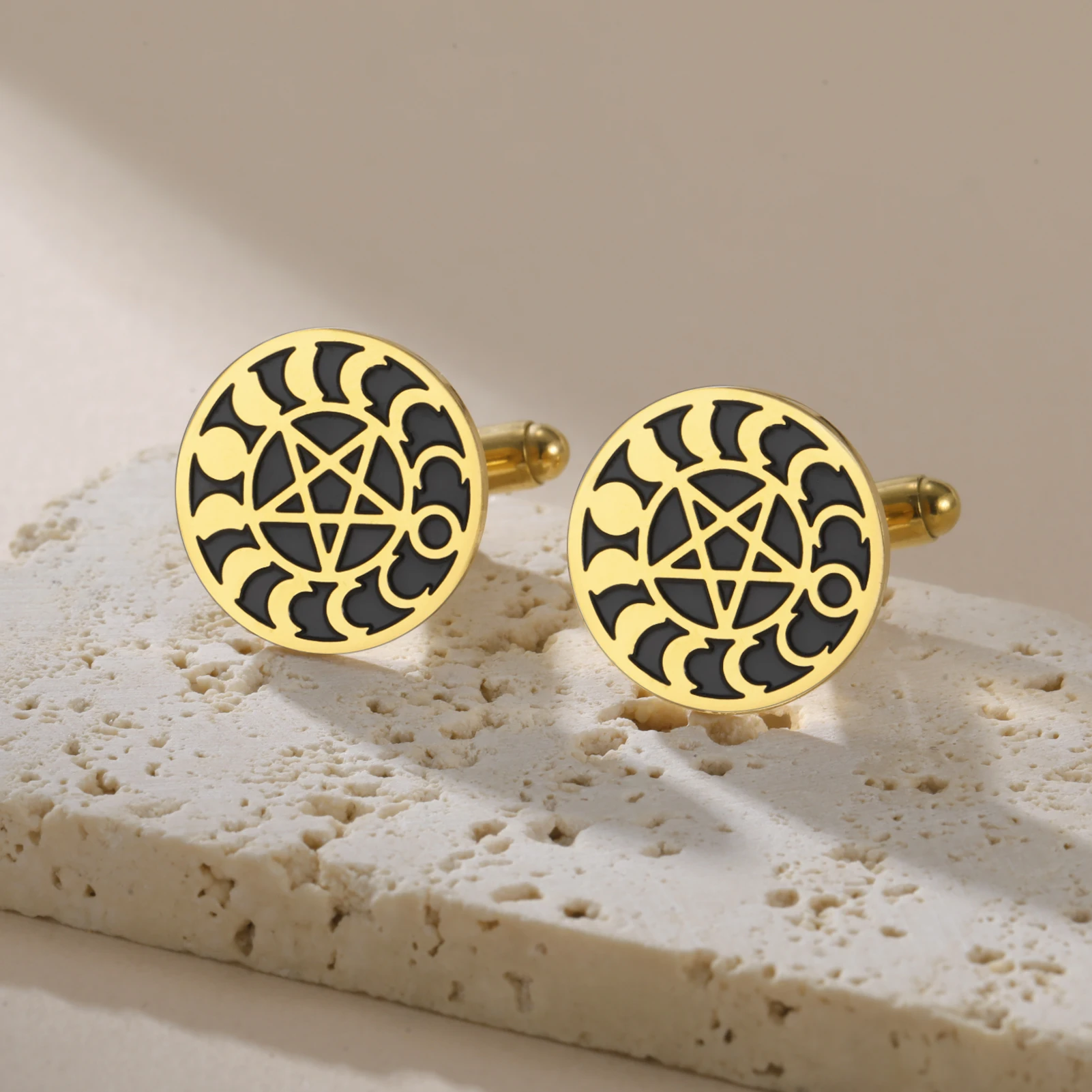 Men's moon phase cufflinks round pentagonal star moon phase cufflinks stainless steel men's tailcoat shirts accessories gifts ﻿