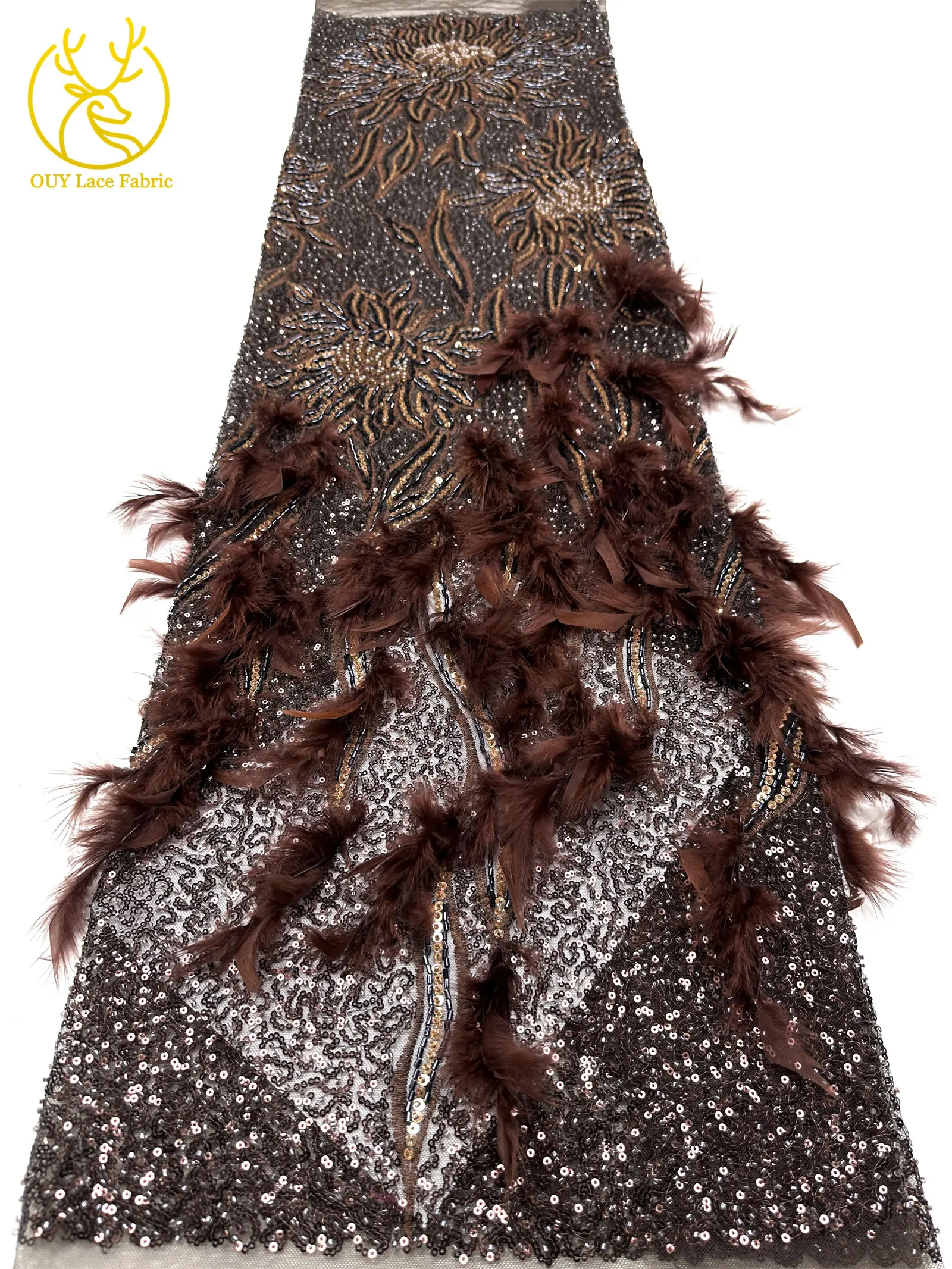 3D High-End Luxus Feder-Stickerei Perlenbesetzter Afrikanischer Spitzenstoff 2026 Nigerianische Französische Pailletten-Spitze für Hochzeitskleider zum Nähen – Detail 14