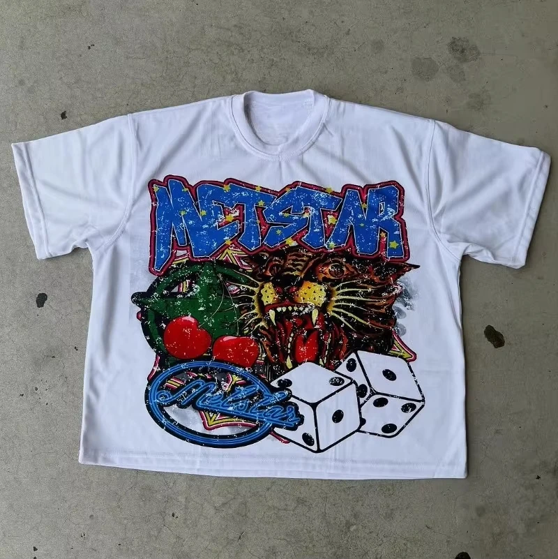 

2025 New American Street Style Cotton Graphic Short Sleeve T-Shirt High Street Oversized Unisex Tee for Men Women Couple