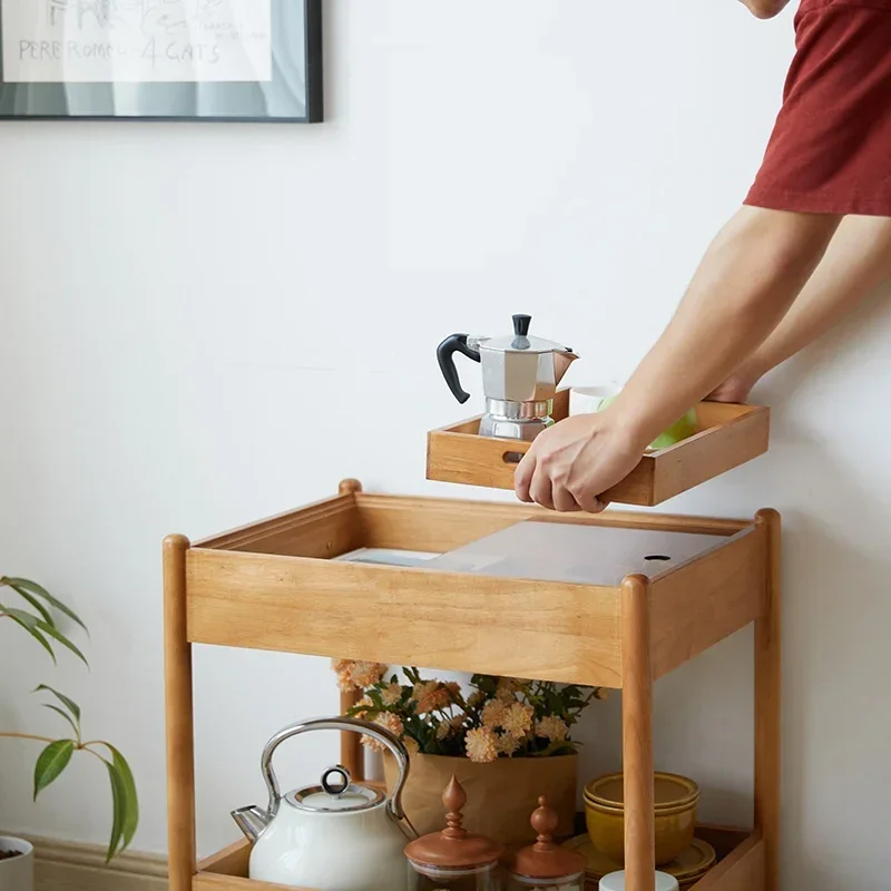 طاولة جانبية متحركة من الخشب الصلب، طاولة قهوة بسيطة، دفع تخزين صغير بعجلات