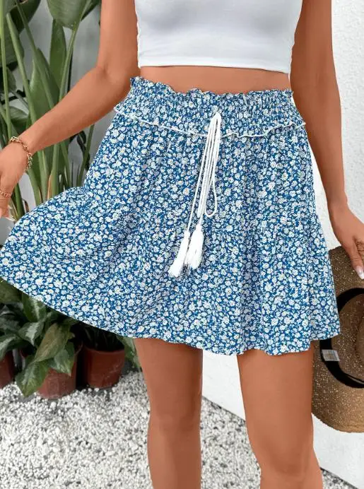 

Summer 2025 New Ethnic Style Floral Print Mid Length Skirt for Women, Elegant High Waisted A-Line with Tassel and Lace Up Skirt