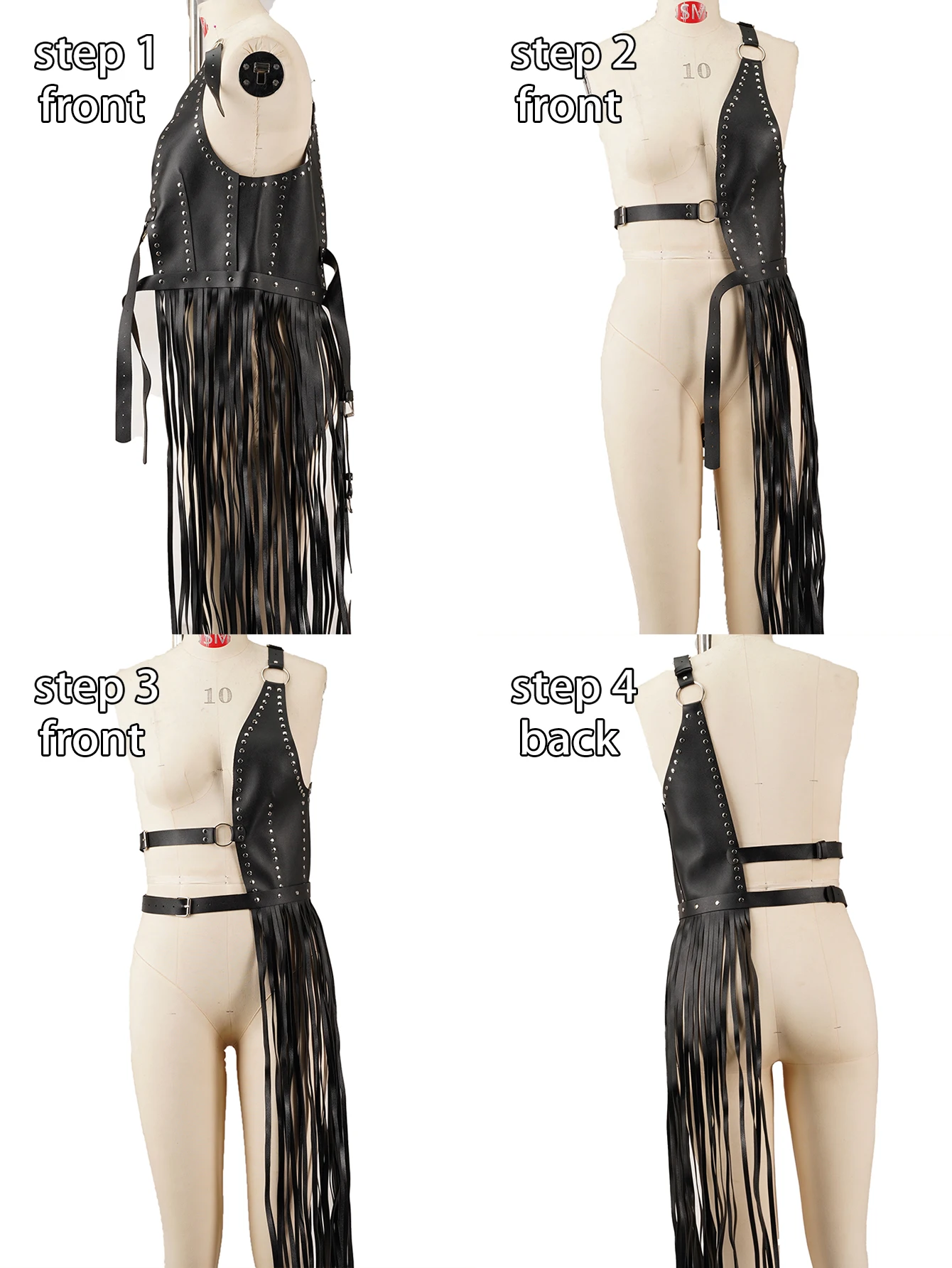 Punk Leder Körperkette Punk Leder Taillenkette Punk Taillengürtel Damen Damen Schwarze Kunstleder-Fransen-Harness-Weste | Nietenverziertes Design mit Taillengürtel | Punk-Gothic-Stil für Festival & Bühne – Detail 6