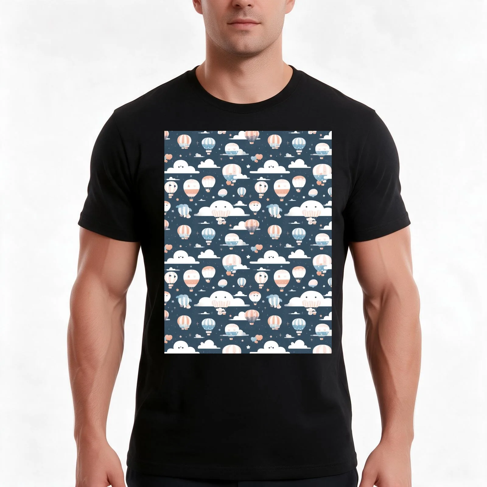Hot Air Balloon Pattern Cute Colorful Vintage Retro T-Shirt, Summer Casual Cotton Tee, Oversized Streetwear Tops, 100% Cotton
