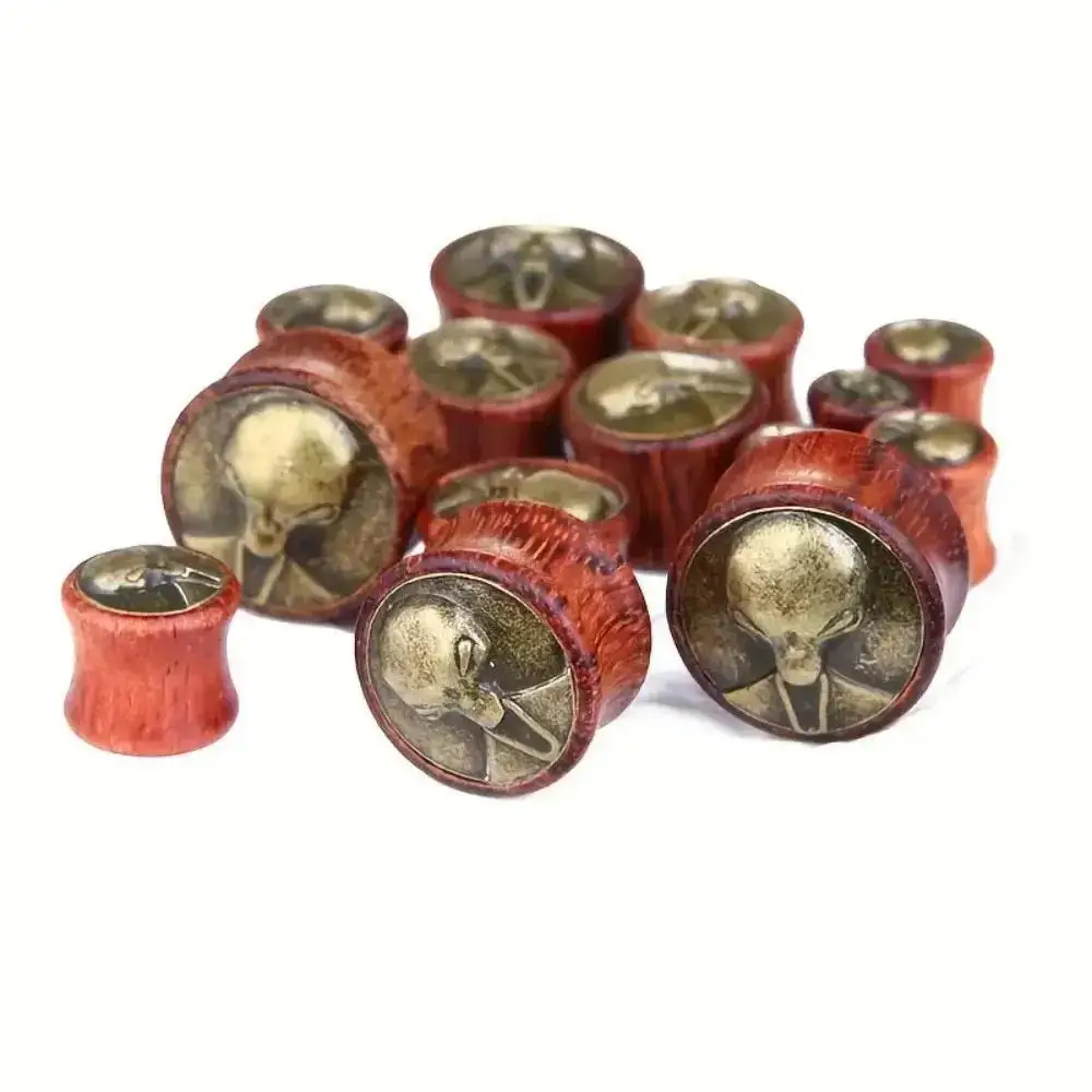 2pcs Vintage Wooden Alien Head Body Piercing Plugs, Unisex Ear Gauges with Non-Magnetic, No Plating, Durable Wood Material Y2K