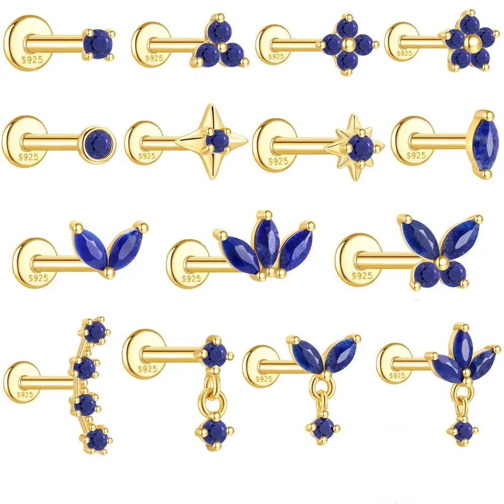 

925 Sterling Silver 18K Gold Plated Geometric Lapis Lazuli Flat Back Earrings Luxury Gift