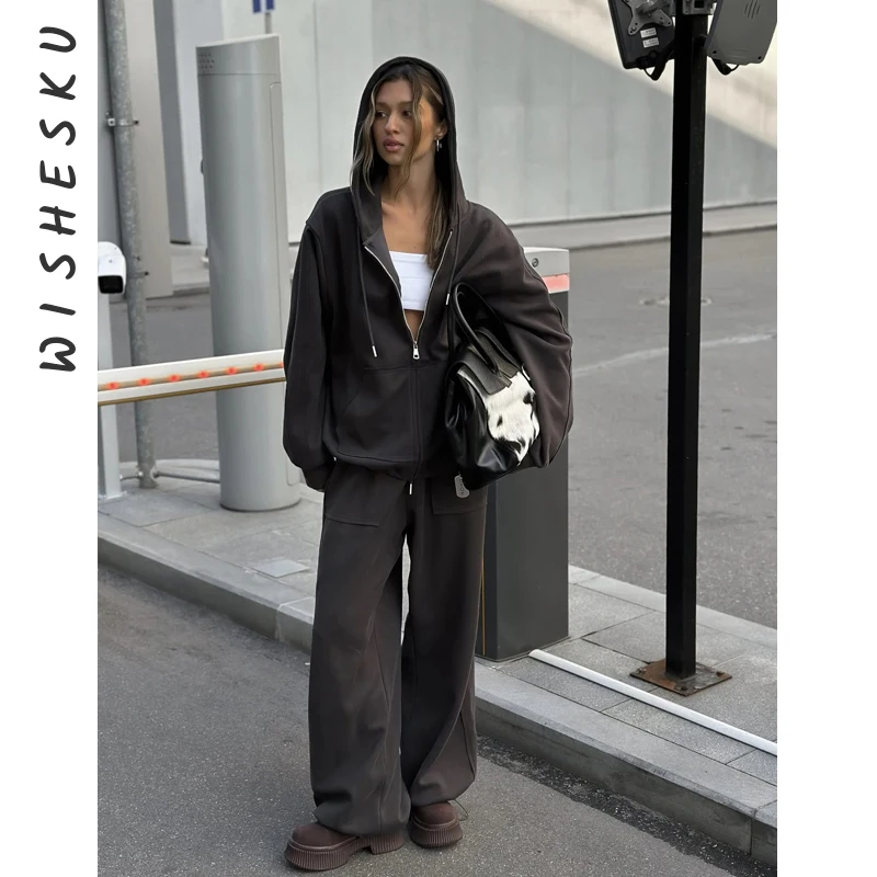 

Women's Casual Hooded Cardigan Jackets And High Waist Trousers Two-Piece Set Long Sve Zipper Closure Fall Fashion Outfits