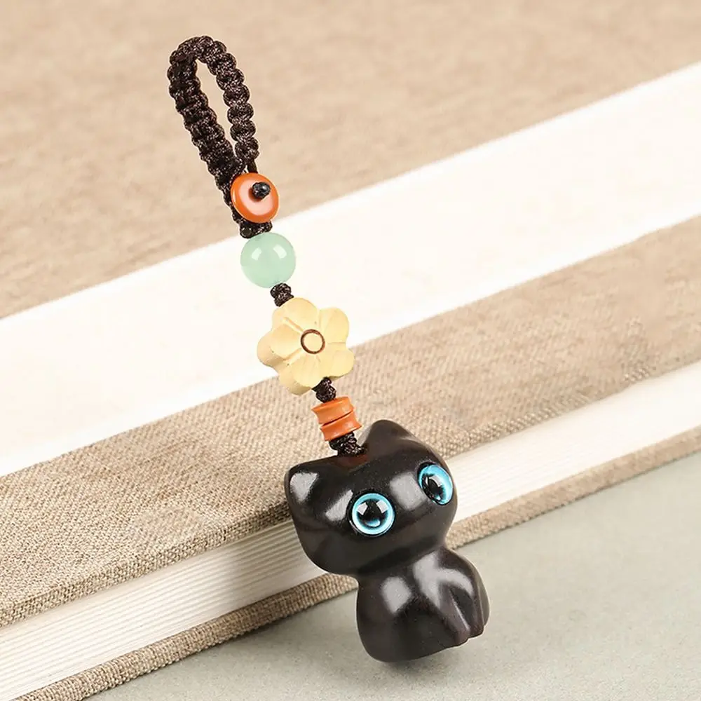 

Lanyard Decoration Phone Pendent Chinese Style Pendant Key Chain Strap Sandalwood Key Chain Mobile Phone Ring Lucky Cat Pendant