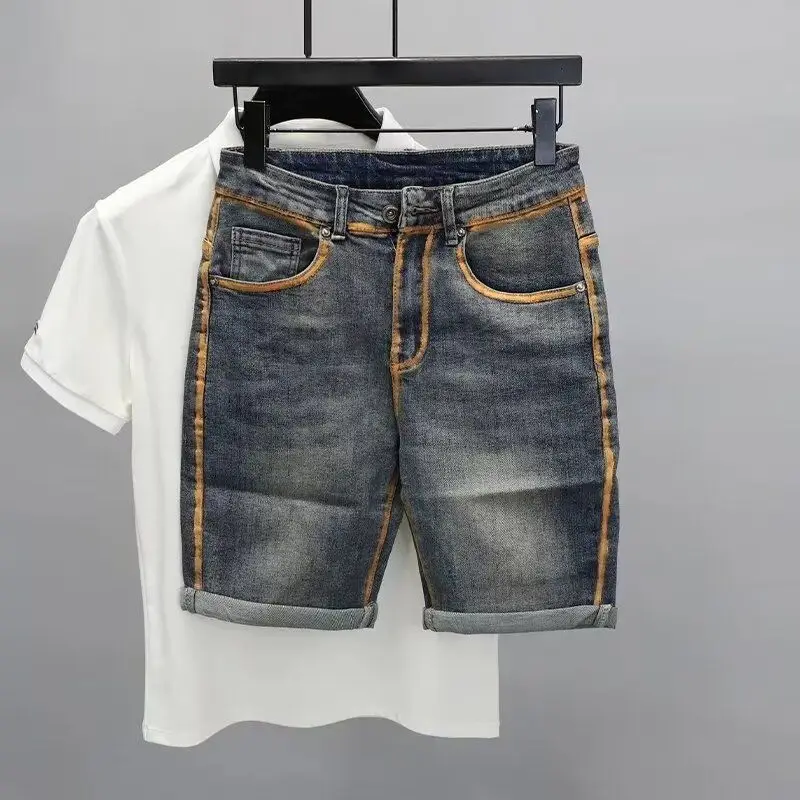 Fashion 2025 Vintage Solid Blue Slim Denim Shorts Men's Casual Summer Retro Jeans Korean Trendy Cool Painted Five Point Shorts