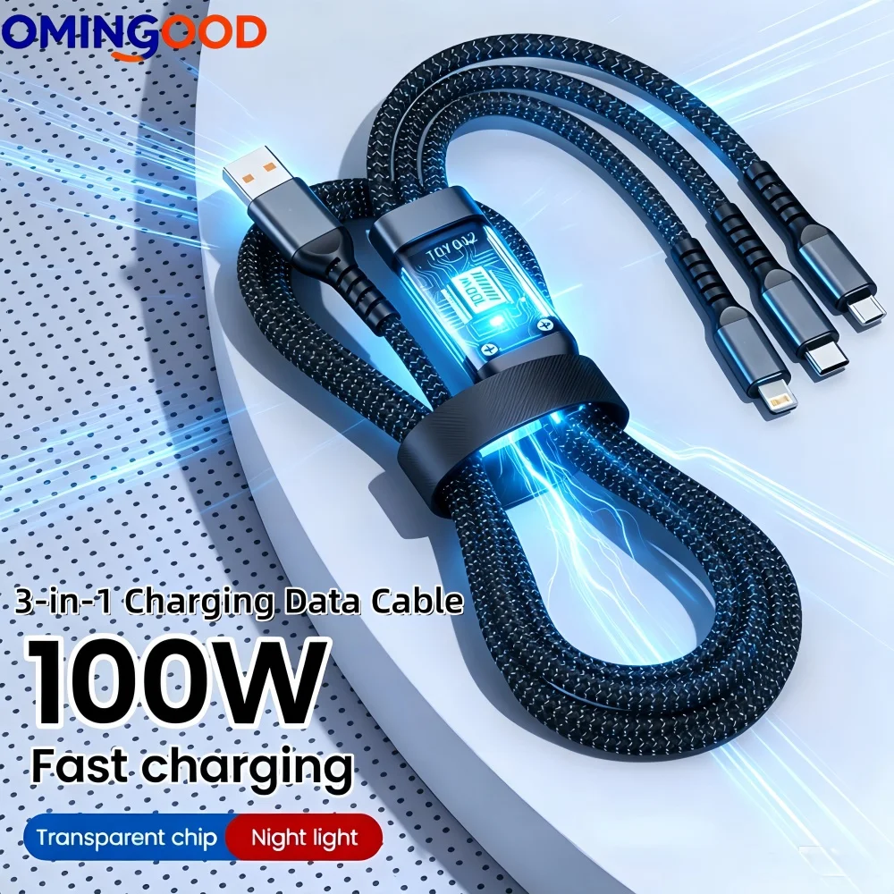 NEW 100W Fast Charging Nylon Braided Multi Charger Cable 3-in-1 USB Cord with Type-C Micro Universal Multiple Devices Adapter