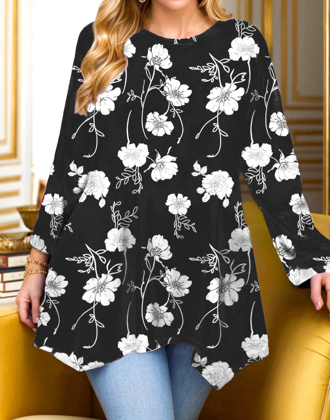 Camiseta solta de manga comprida com estampa floral casual e minimalista, roupas femininas de outono e inverno plus size