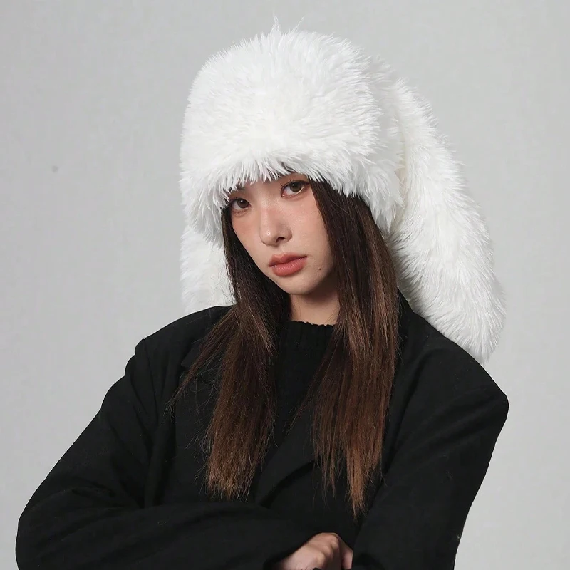 قبعة نسائية شتوية لطيفة على شكل أرنب بأذنين طويلة من القطيفة، تحمي الأذنين الدافئة ومنع البرد، مناسبة للمشي والتسوق اليومي في الهواء الطلق