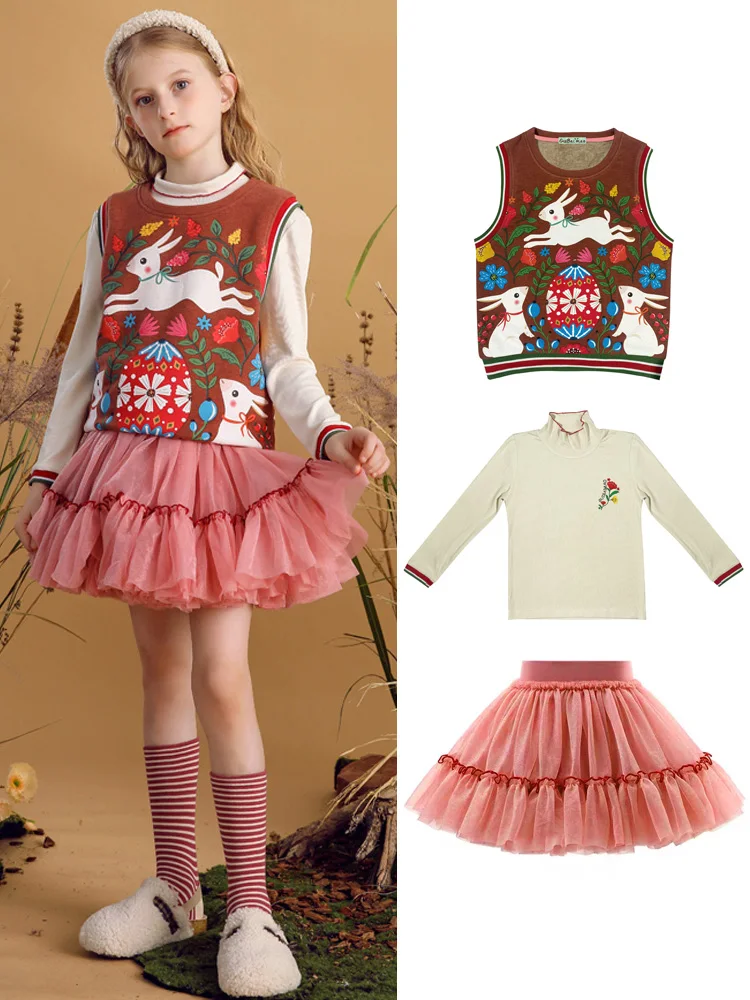 Girl Three Piece Set Long Sleeve White Top and Printed Knitted Vest and Sweet Mesh Skirt