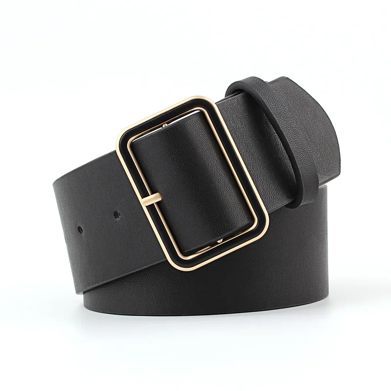 Popular Fashion Big Square Buckle Women Wide Belt Elegant Decoration With Down Jacket Trench Coat Jeans PU Leather