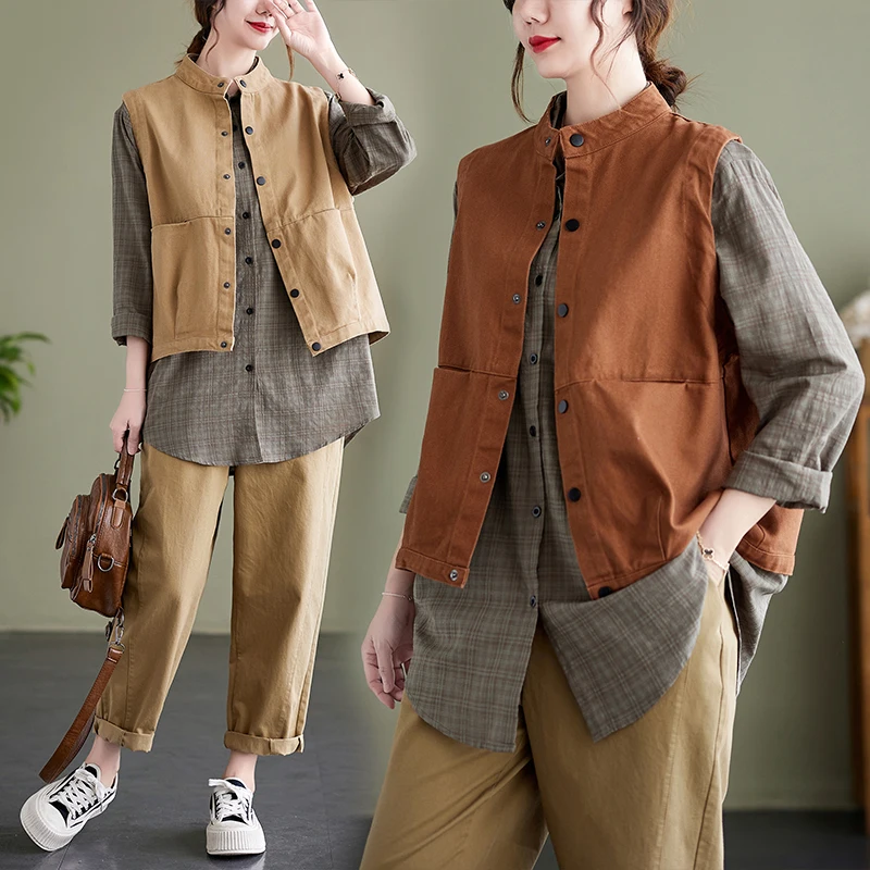 

Хлопковый жилет из саржи в стиле ретро, женский свободный повседневный рабочий костюм, модный однотонный воротник-стойка, застежка на одной пуговице