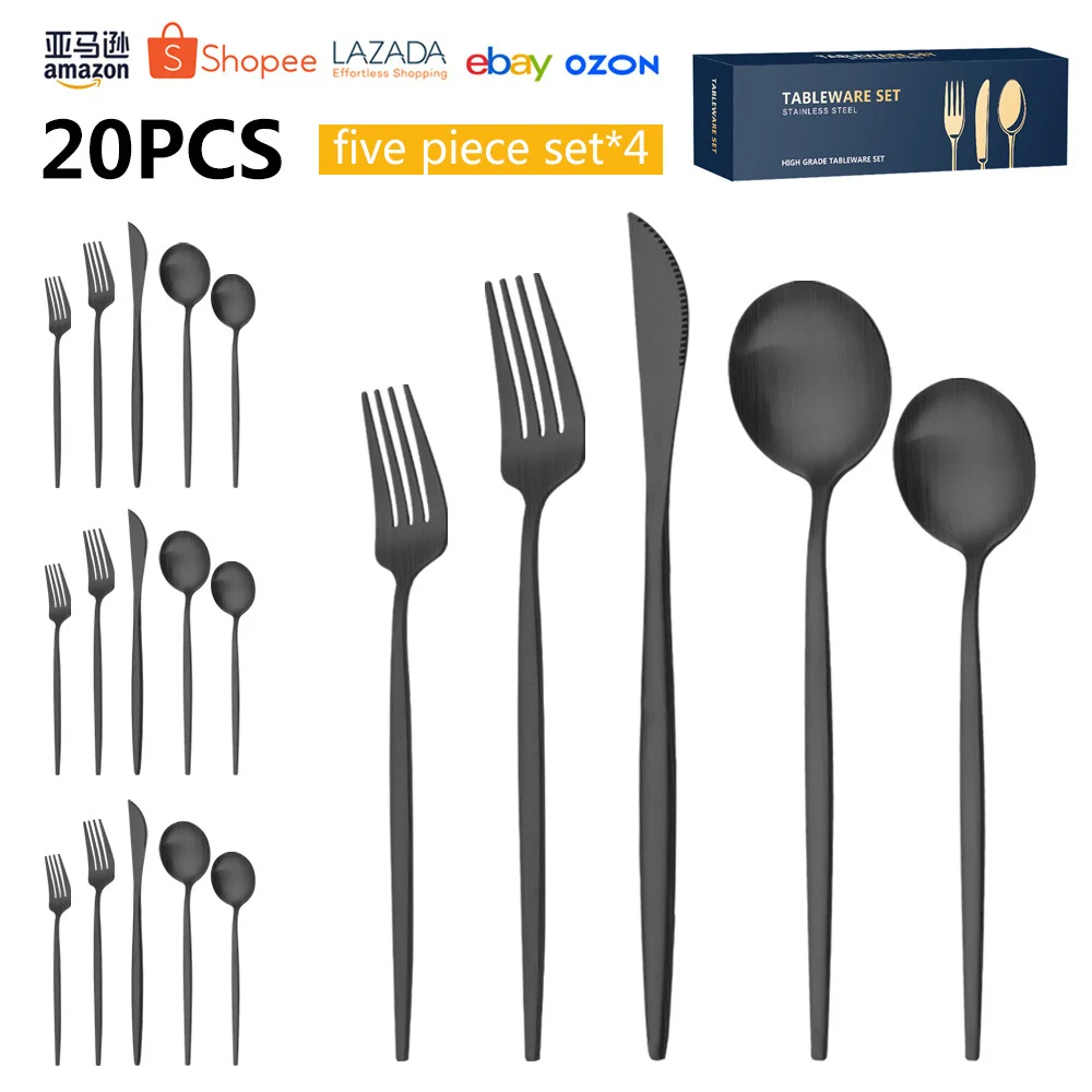 

20PCS Set 410 Stainless Steel Tableware Knife Fork and Spoon Set Western Food Hotel Steak Knife and Fork Kitchen Tools