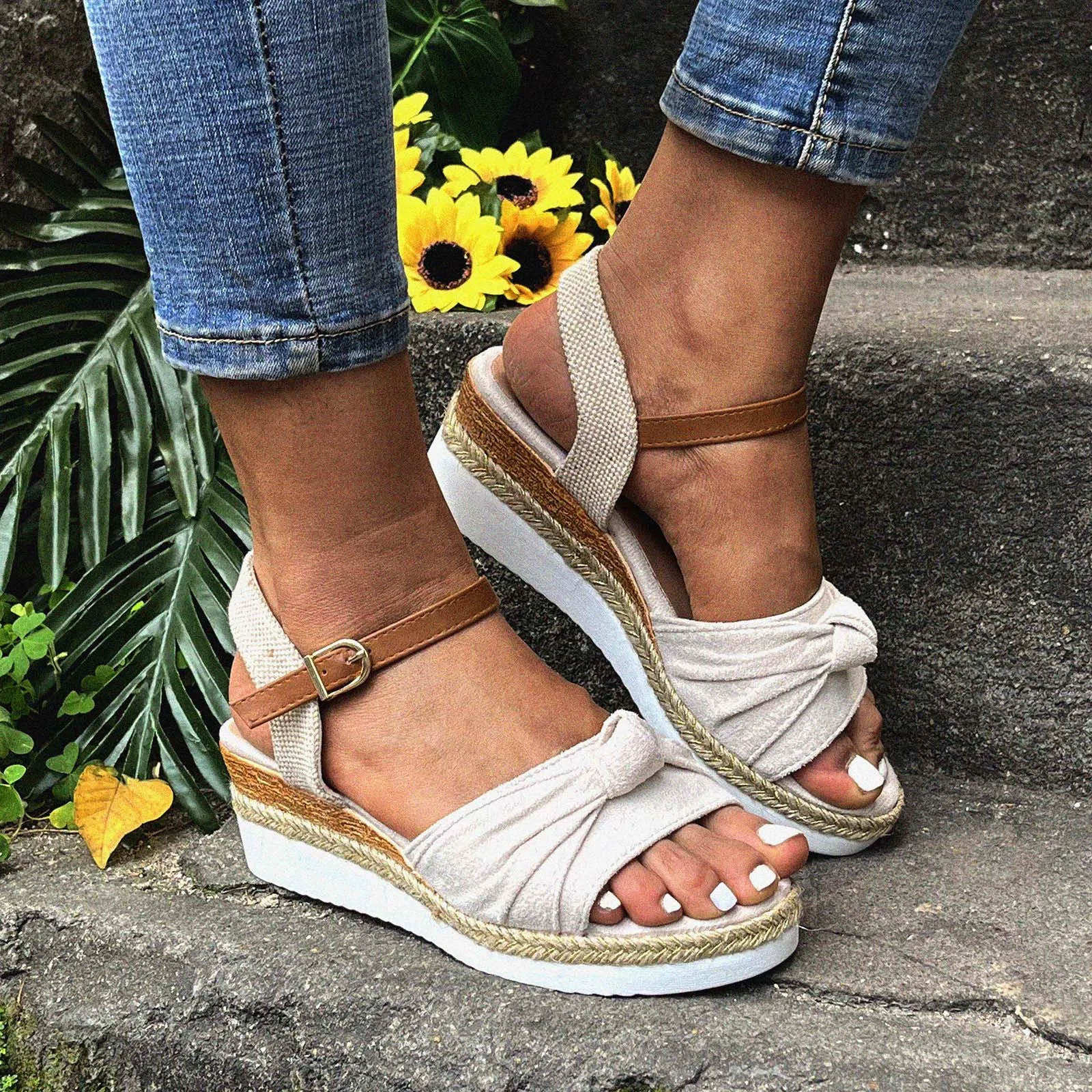 Color Block Knot Detail Espadrille Strap Wedge Sandals For Women Casual Open Toe Sandals Roman Hard Sole Slippers Women Sandals