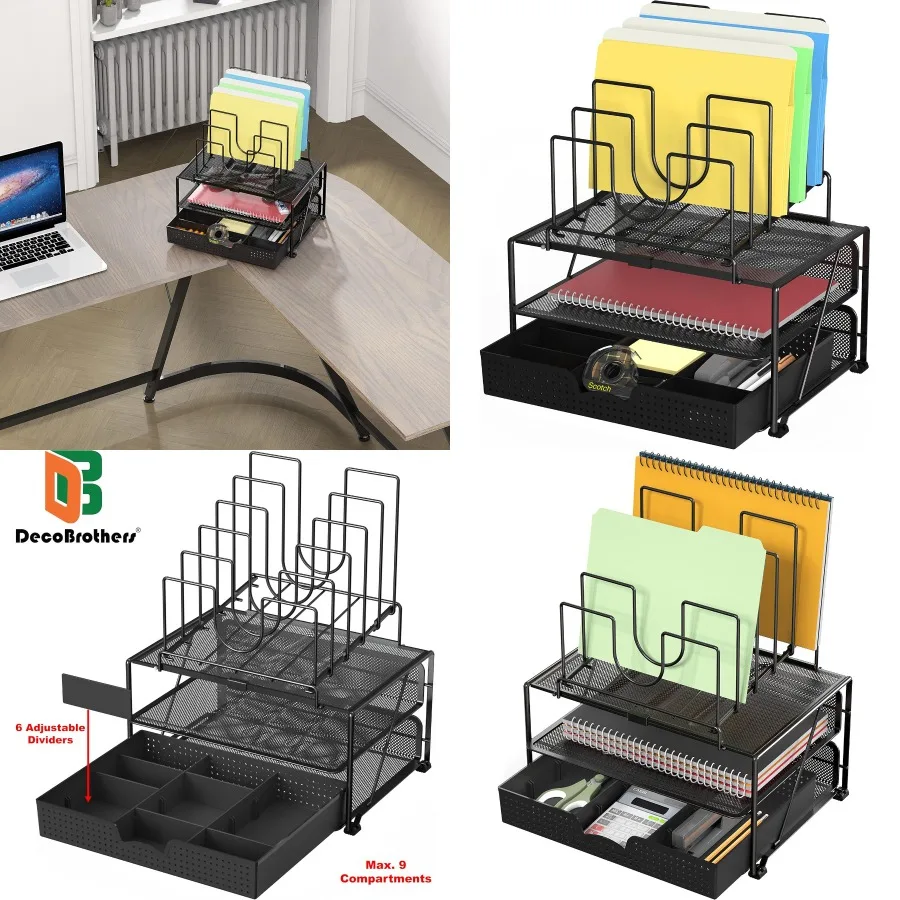 Desktop File Organizer with Double Tray and 5 Folder Stand for Efficient Office Desk Management Black Design to Keep Documents