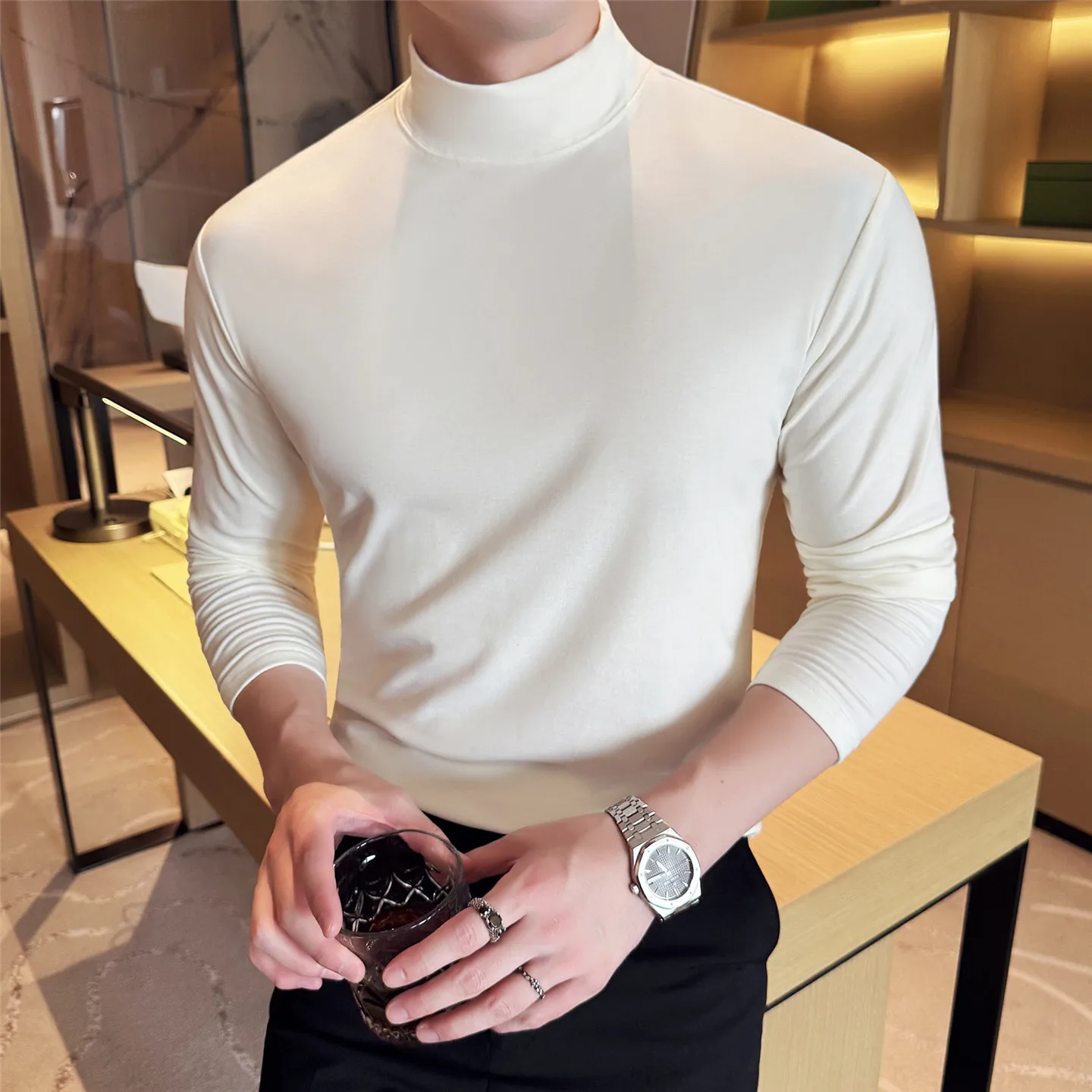 

Шерстяная футболка с высоким воротником, мужская модная однотонная футболка из лиоцелла с длинными рукавами, облегающие повседневные базовые топы, футболки Homme, белые