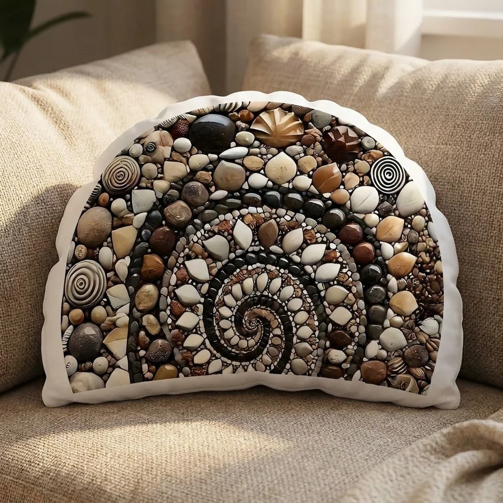 Pebble Mosaic Spiral Art Irregular Shaped Pillow, 3D Visual Simulation Stone Decorative Throw Cushion for Sofa Home Art Decor